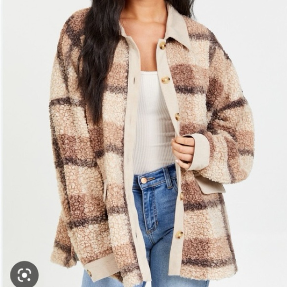 Altar’d State Teddy Fleece Shacket Brown Cream Plaid Size M New